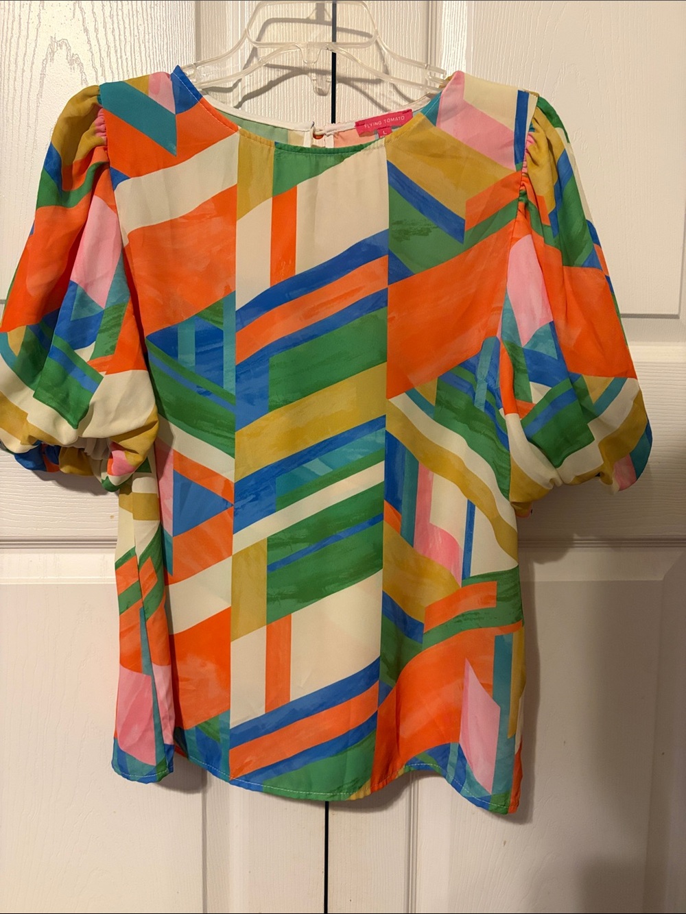 Flying Tomato Geometric Puff Sleeve Top - Orange, Green, Blue, Pink, Cream